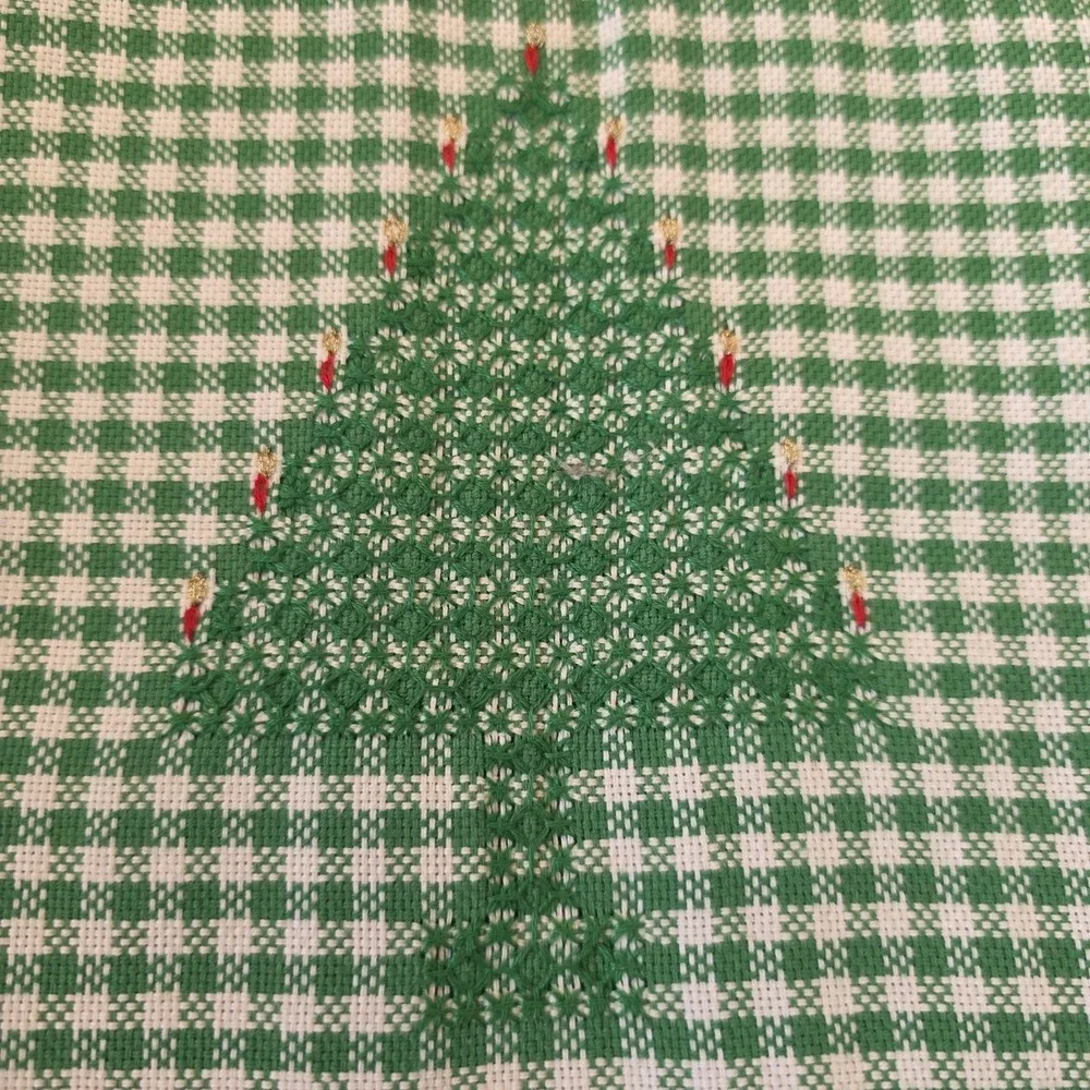 Christmas Tree Towel Green‎ White Gingham Check Holiday Decor Table Needlepoint